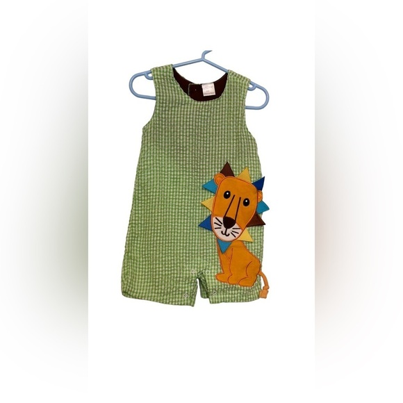 Cre8ions Green & White Seersucker Gingham Lion Romper Baby Size 12 Months EUC - Picture 1 of 6